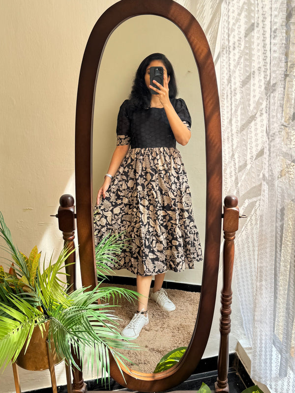 Black Chikankari Schiffli Cotton Midi Gown