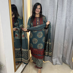 Deisgner Lace Work Teal Blue Cotton Suit Set