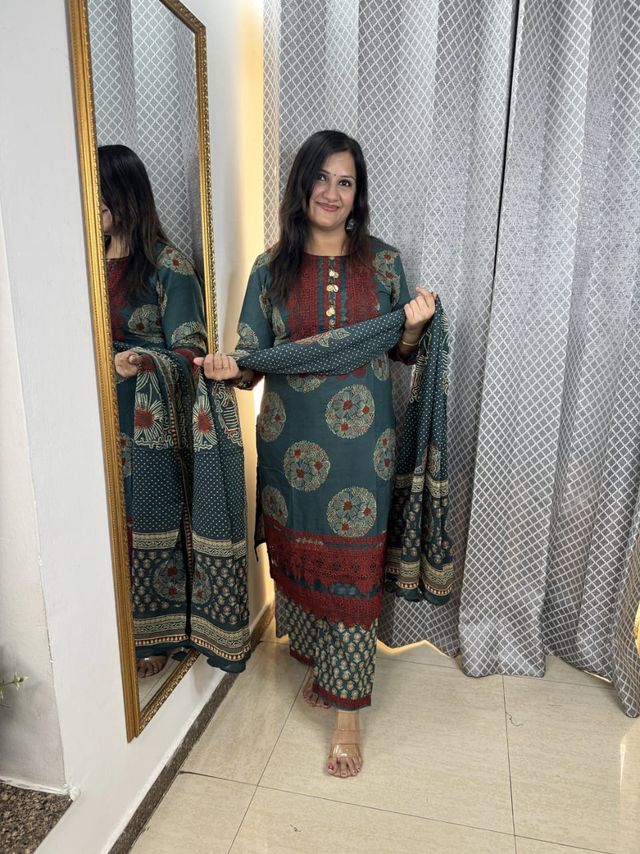 Deisgner Lace Work Teal Blue Cotton Suit Set