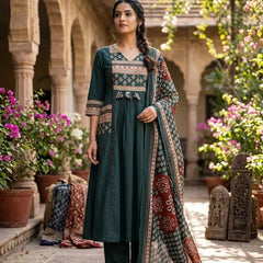 A-line Printed Bottle Green Color Suit Set
