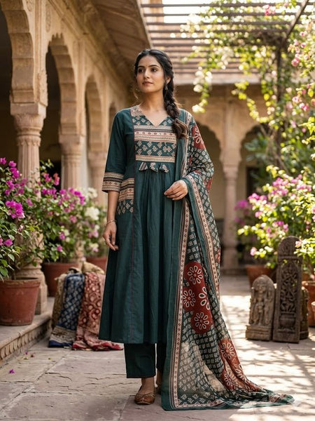 A-line Printed Bottle Green Color Suit Set