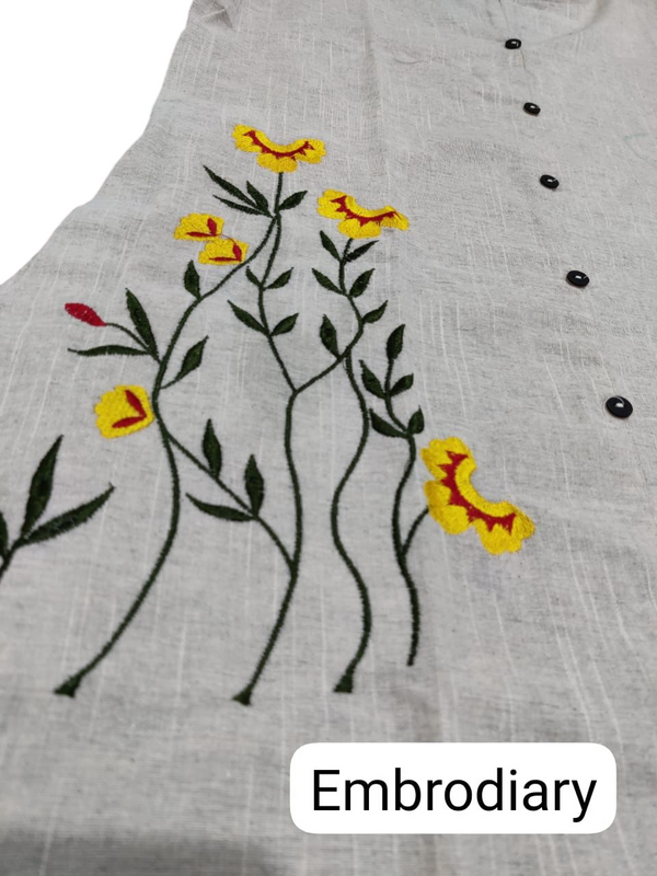 Beige Khadi Cotton Embroidered Midi Kurti