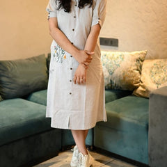 Beige Khadi Cotton Embroidered Midi Kurti