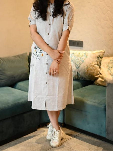 Beige Khadi Cotton Embroidered Midi Kurti