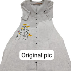 Beige Khadi Cotton Embroidered Midi Kurti