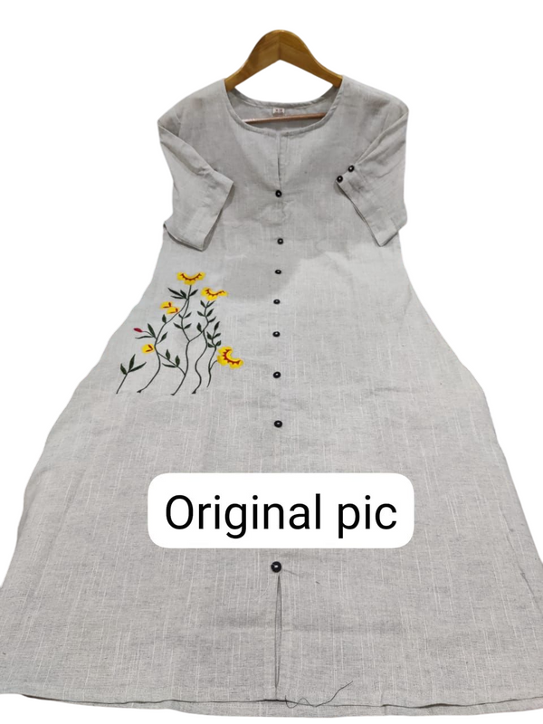 Beige Khadi Cotton Embroidered Midi Kurti