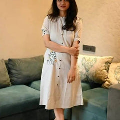 Beige Khadi Cotton Embroidered Midi Kurti