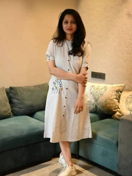 Beige Khadi Cotton Embroidered Midi Kurti
