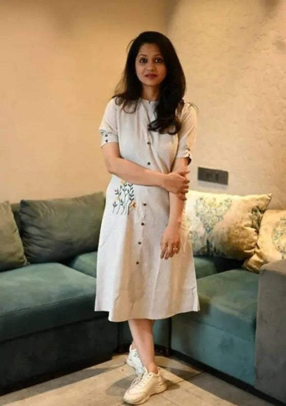 Beige Khadi Cotton Embroidered Midi Kurti
