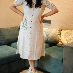Beige Khadi Cotton Embroidered Midi Kurti