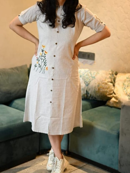 Beige Khadi Cotton Embroidered Midi Kurti