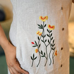 Beige Khadi Cotton Embroidered Midi Kurti