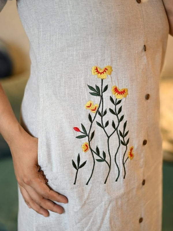 Beige Khadi Cotton Embroidered Midi Kurti
