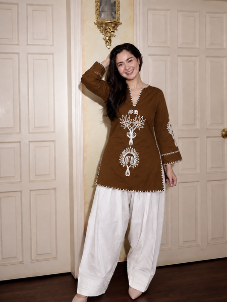 Embroidery Work Brwon Farshi Salwar Set