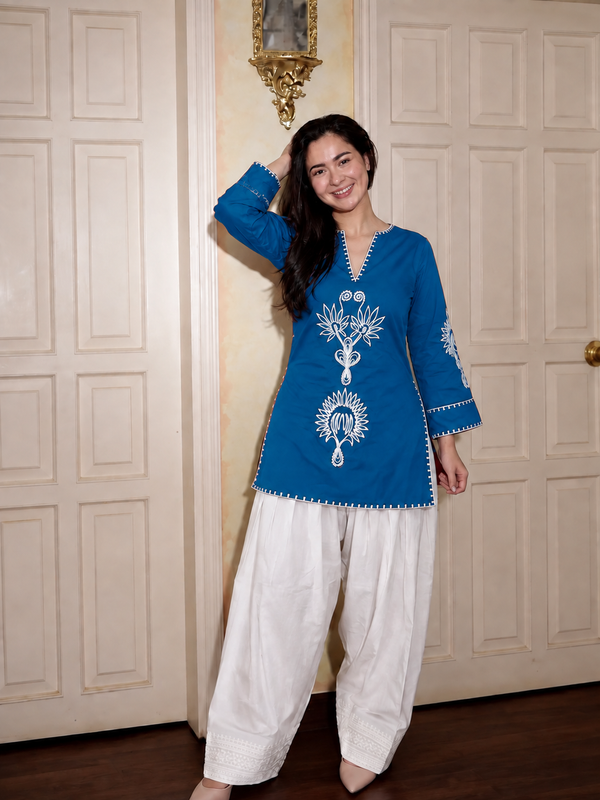 Embroidery Work Teal Blue Farshi Salwar Set