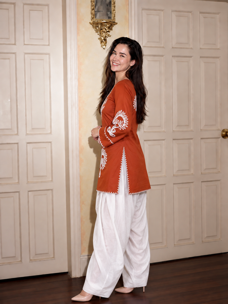 Embroidery Work Rust Farshi Salwar Set