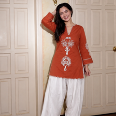 Embroidery Work Rust Farshi Salwar Set