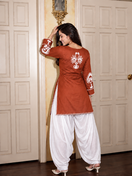 Embroidery Work Rust Farshi Salwar Set