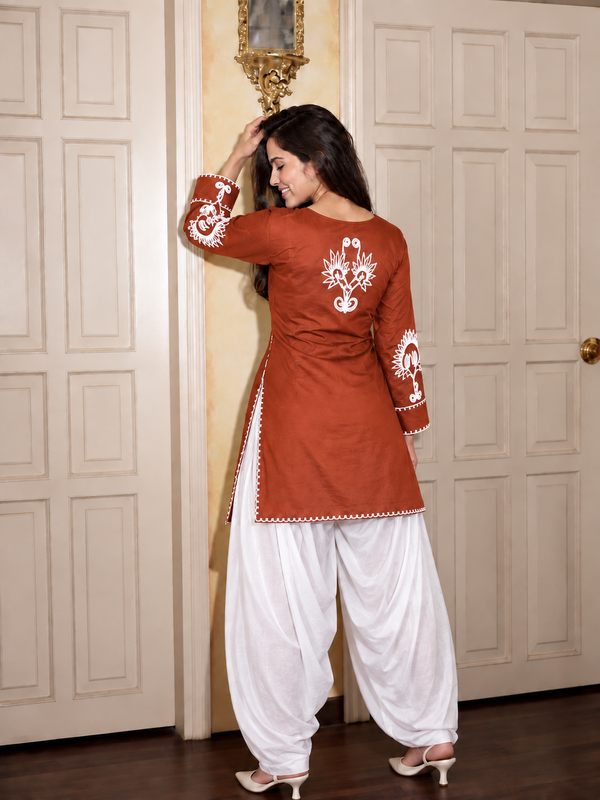 Embroidery Work Rust Farshi Salwar Set