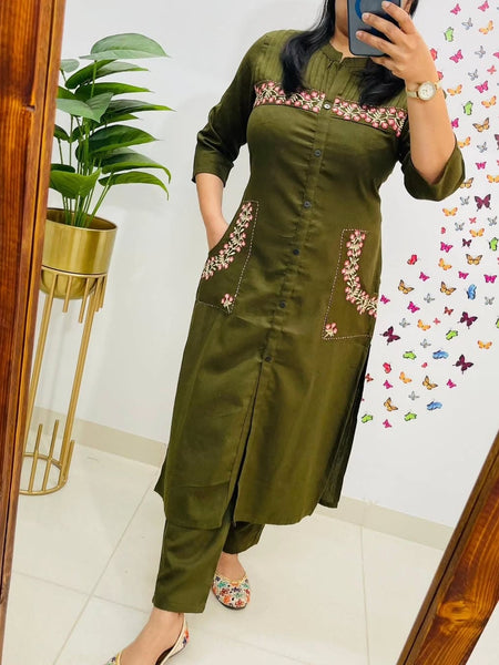 Embroidered Green Cotton Co-ord Set