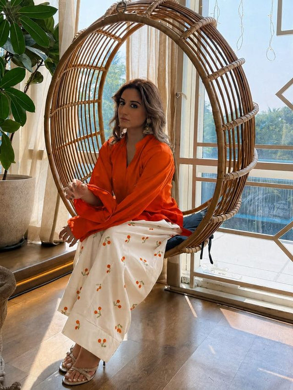 Chery Embroideried Work Orange Farshi Salwar Set