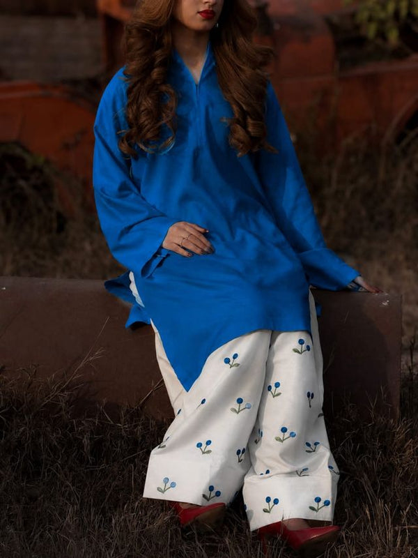 Chery Embroideried Work Blue Farshi Salwar Set