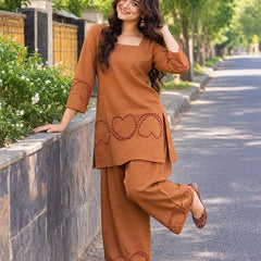 Embroidery Work Bright Rust Cotton Farshi Salwar Set