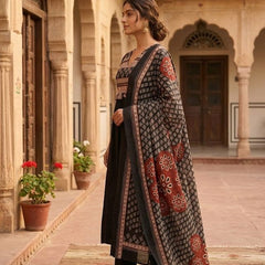 A-line Printed Black Color Suit Set