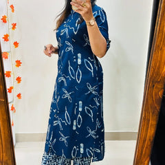 Blue Printed Cotton Kurti Palazzo Set