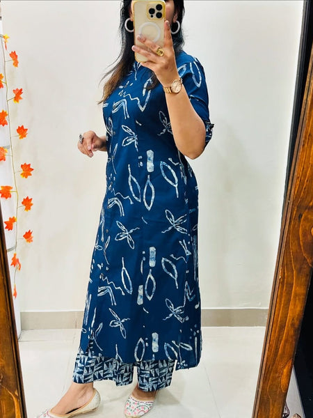 Blue Printed Cotton Kurti Palazzo Set