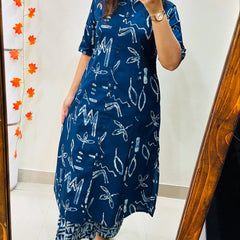 Blue Printed Cotton Kurti Palazzo Set
