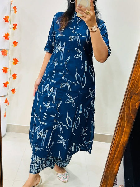Blue Printed Cotton Kurti Palazzo Set
