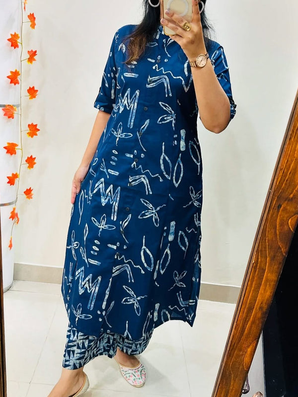 Blue Printed Cotton Kurti Palazzo Set
