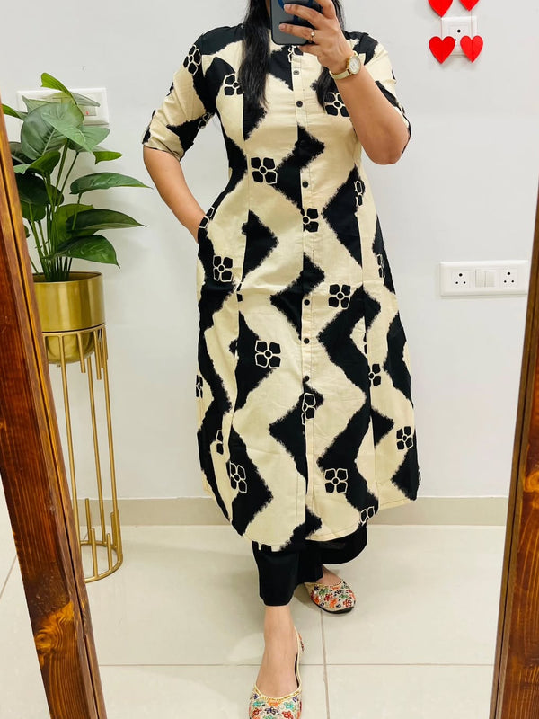 Black Printed Cotton Kurti Palazzo Set