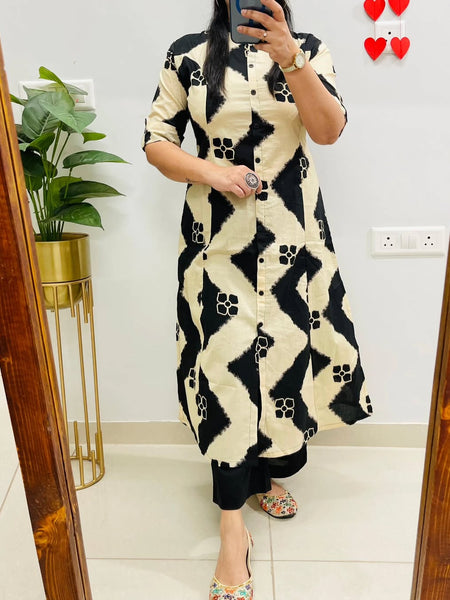 Black Printed Cotton Kurti Palazzo Set