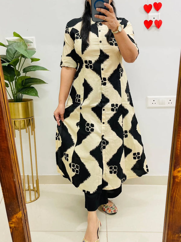 Black Printed Cotton Kurti Palazzo Set