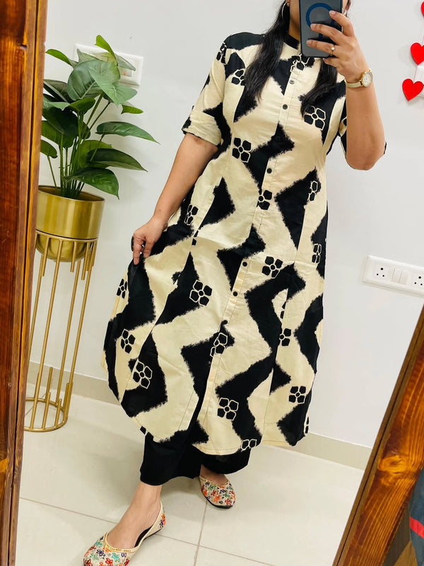 Black Printed Cotton Kurti Palazzo Set