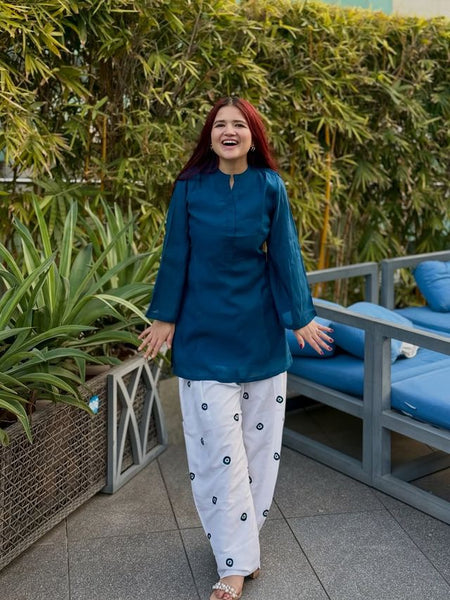 Embriodery Work Teal Blue Cotton Farshi Salwar Set