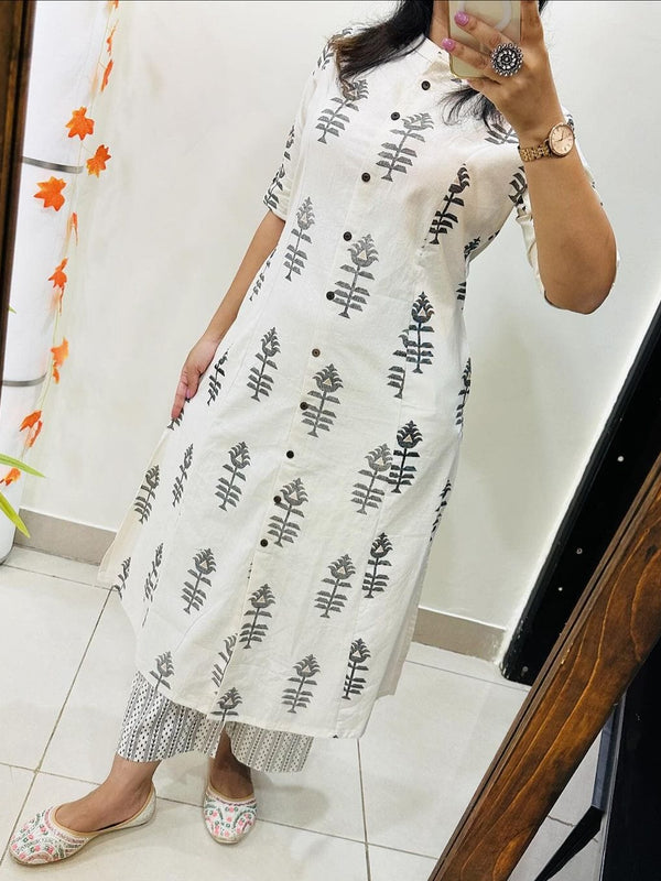 White Printed Cotton Kurti Palazzo Set