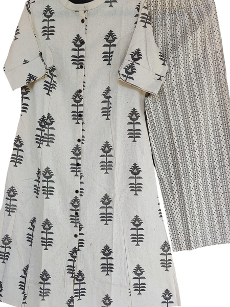 White Printed Cotton Kurti Palazzo Set