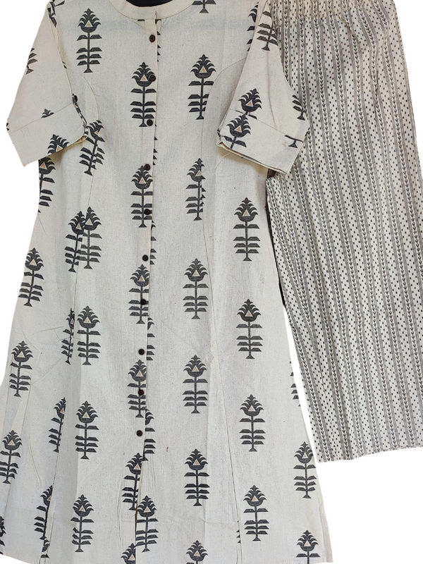 White Printed Cotton Kurti Palazzo Set