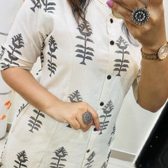 White Printed Cotton Kurti Palazzo Set