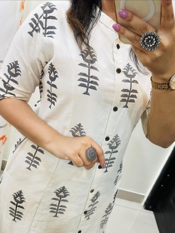 White Printed Cotton Kurti Palazzo Set