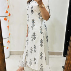 White Printed Cotton Kurti Palazzo Set