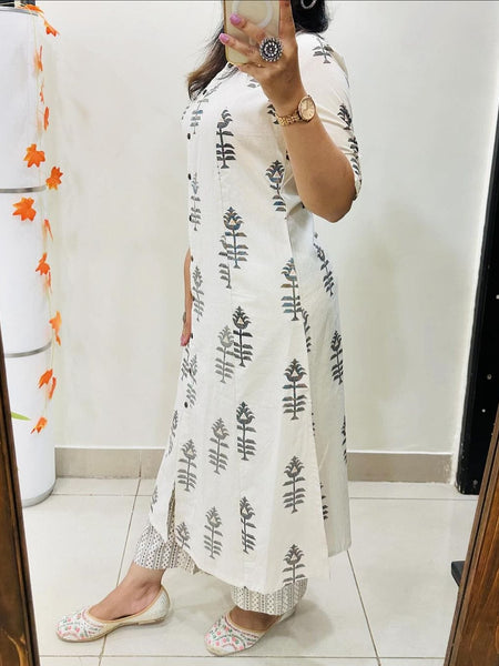 White Printed Cotton Kurti Palazzo Set