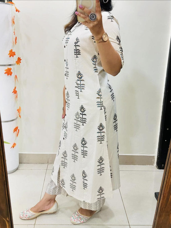 White Printed Cotton Kurti Palazzo Set