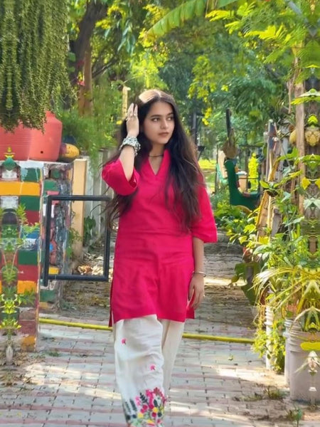 Embroidery Work Magenta Farshi Pant Set