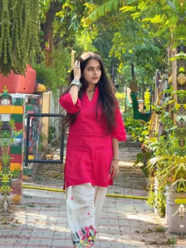 Embroidery Work Magenta Farshi Pant Set