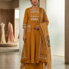 A-line Printed Mustard Color Suit Set