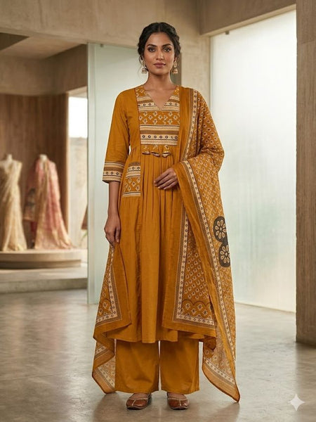 A-line Printed Mustard Color Suit Set